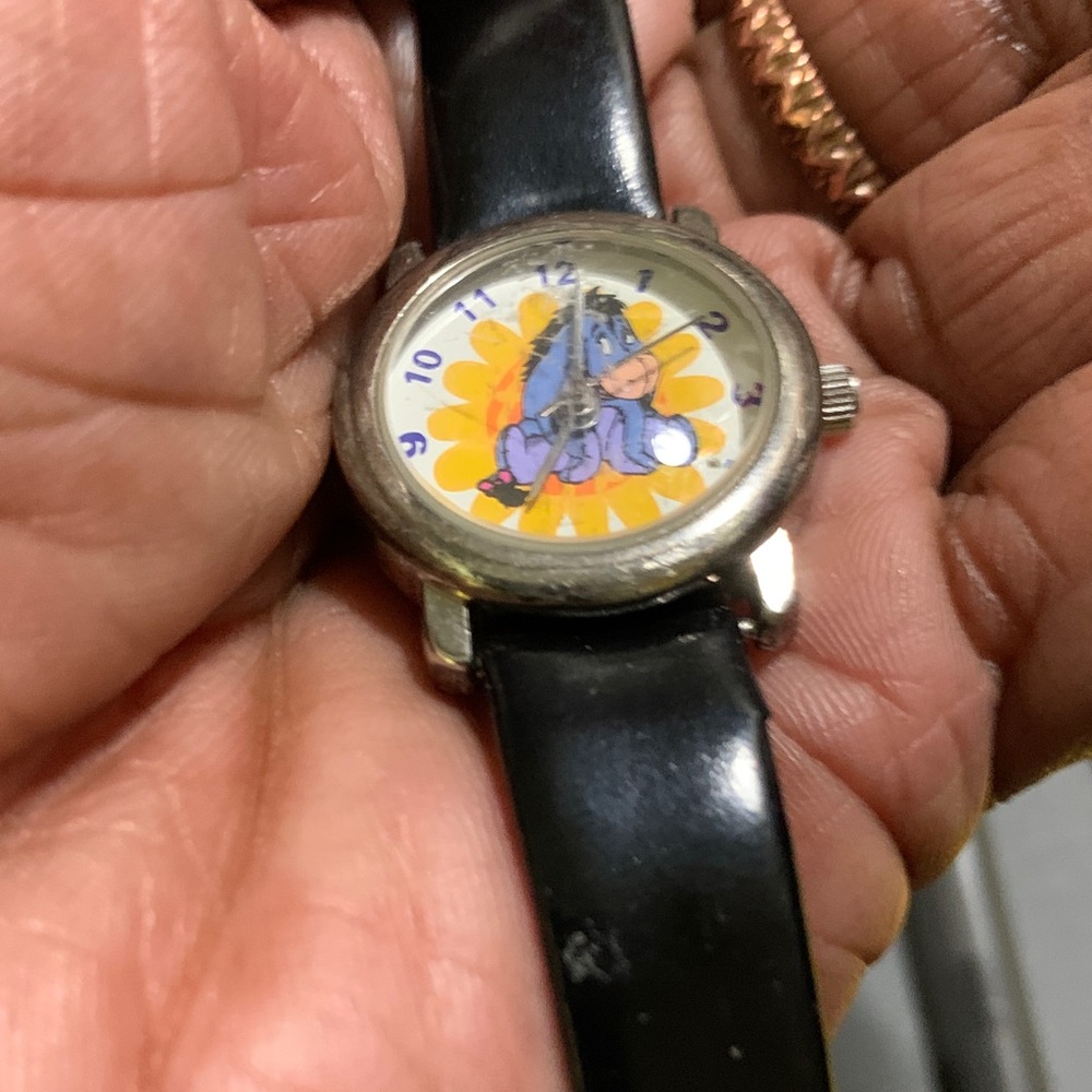 Vintage Disney Eeyore On Dial Silver & Black Watch Band. Excellent Condition
